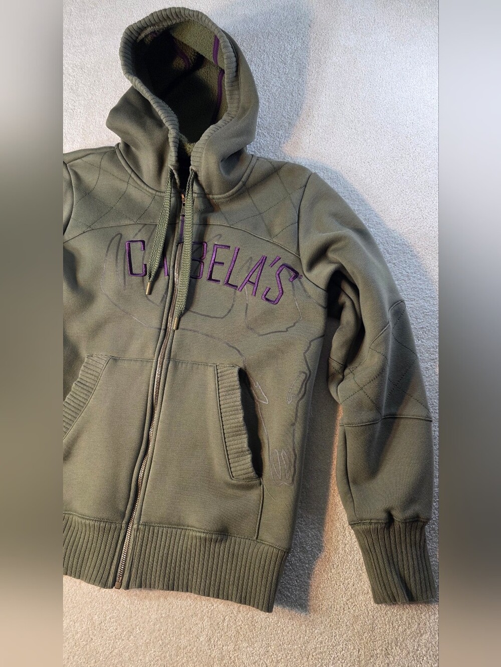 Cabela's Deer Skull Full Zip Hoodie Hunter Green/Purple Heavy Cozy Womens M